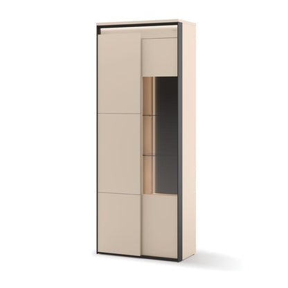 Tall beige cabinet with glass panel on a white background