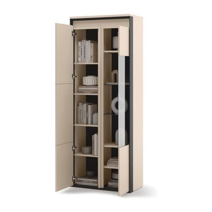 Beige storage cabinet with open doors on a white background
