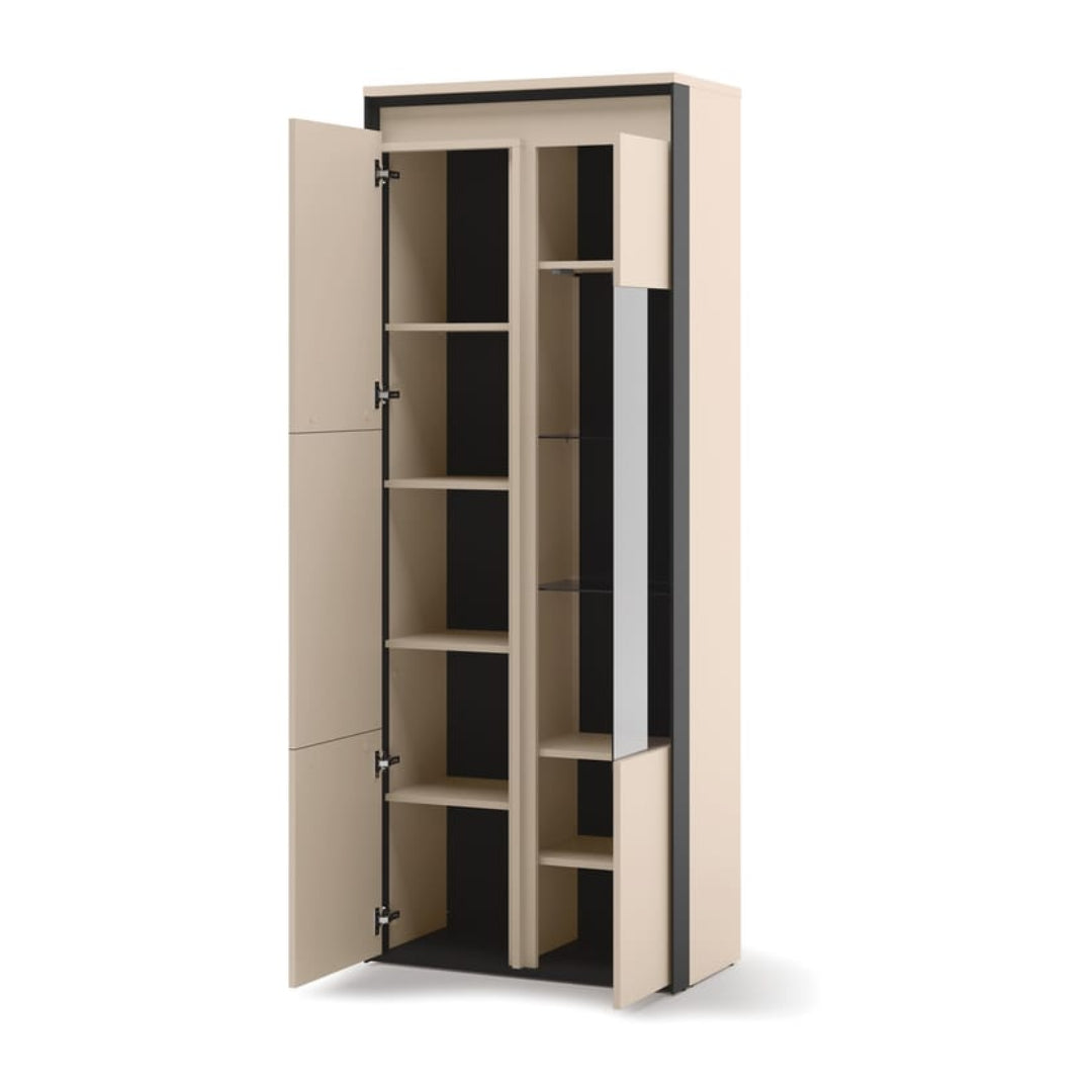 Beige storage cabinet with open doors on a white background