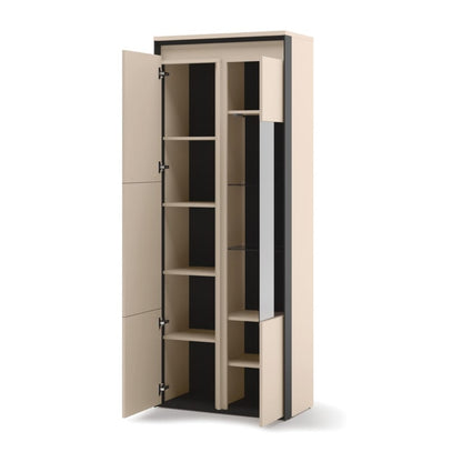 Beige storage cabinet with open doors on a white background