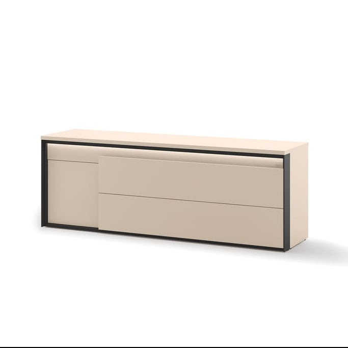 Beige sideboard with black trim on a white background