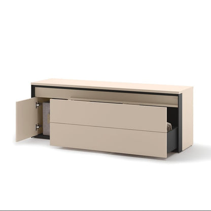 Beige storage unit with open door and drawers on a white background
