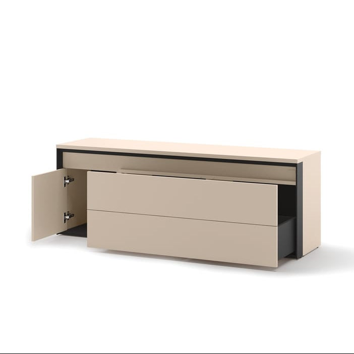 Beige storage unit with open door and drawers on a white background