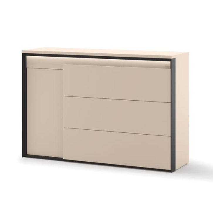 Beige dresser with black frame on a white background