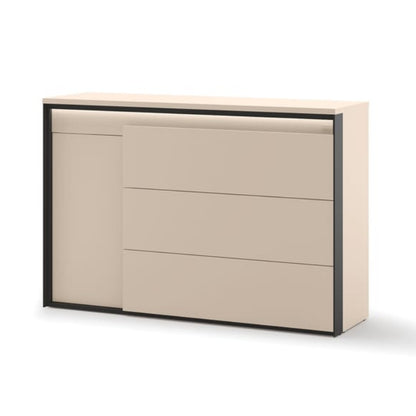 Beige dresser with black frame on a white background