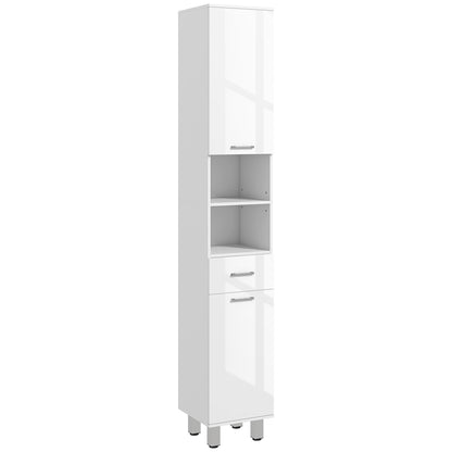 kleankin 71" Tall Slim Bathroom Storage Cabinet, Tall Narrow Cupboard with Drawer, Open Shelves, 2 Doors Cabinets and Adjustable Shelves for Kitchen, Hallway, Living Room, High Gloss White