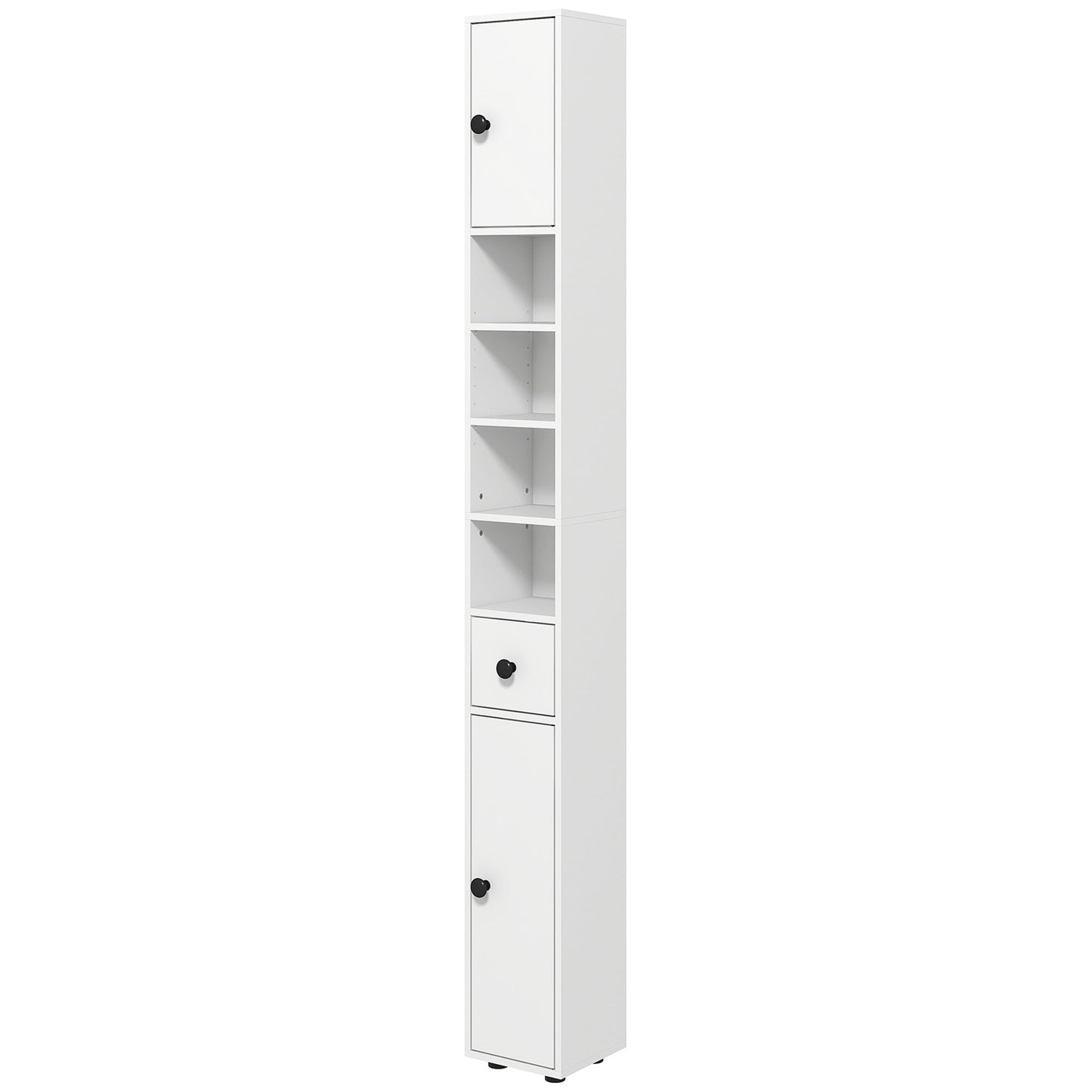 kleankin 180cm Tall Bathroom Cabinet, Slim Bathroom Storage Cabinet with 4 Open Shelves, 2 Door Cupboards and Adjustable Shelves, White