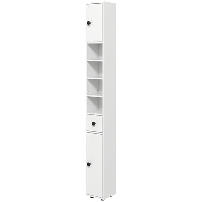 kleankin 180cm Tall Bathroom Cabinet, Slim Bathroom Storage Cabinet with 4 Open Shelves, 2 Door Cupboards and Adjustable Shelves, White