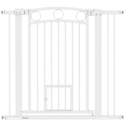 PawHut 96cm Tall Dog Gate with Cat Door, 7cm and 14cm Extensions, for Stairs, Doorways, 76-104cm Width