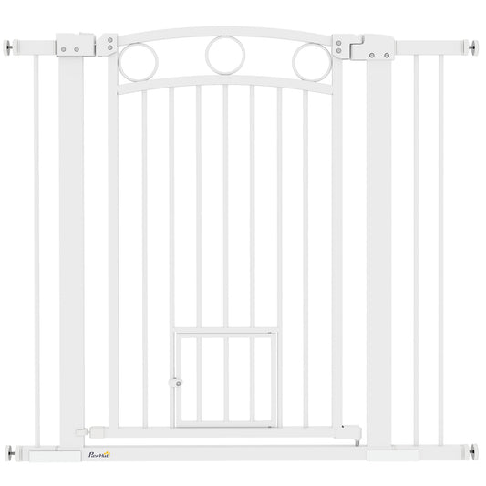 PawHut 96cm Tall Dog Gate with Cat Door, 7cm and 14cm Extensions, for Stairs, Doorways, 76-104cm Width