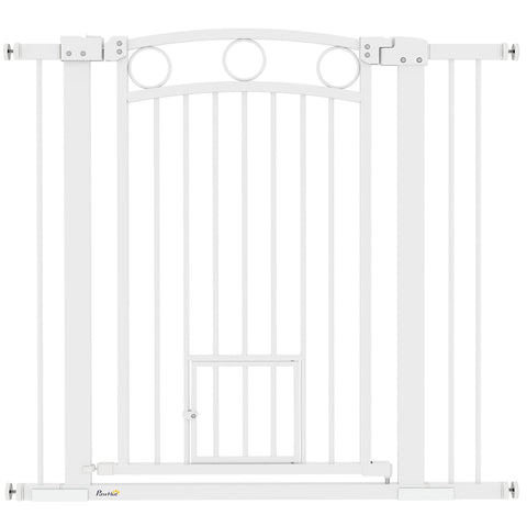 PawHut 96cm Tall Dog Gate with Cat Door, 7cm and 14cm Extensions, for Stairs, Doorways, 76-104cm Width
