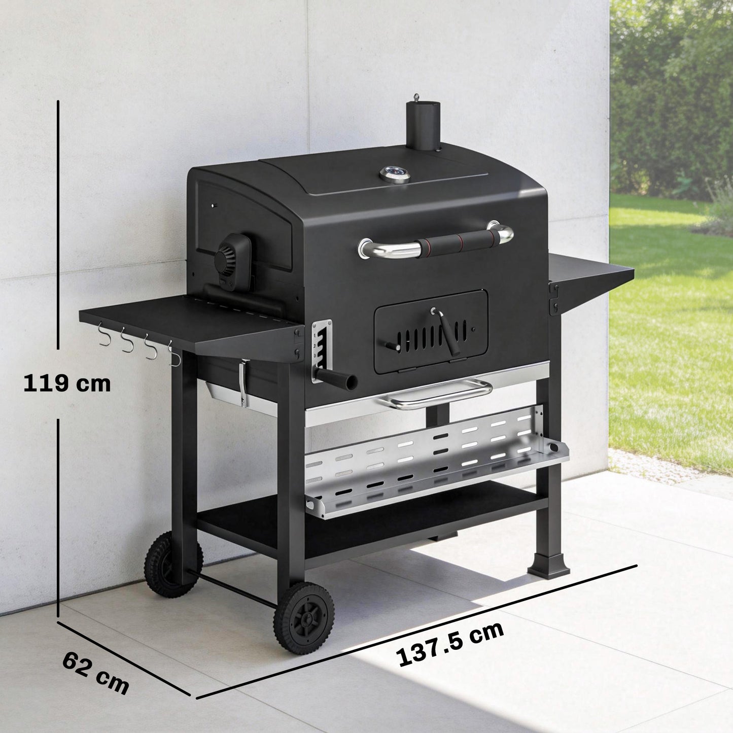 Outsunny Charcoal BBQ Grill Smoker with Electric Rotisserie Kit, Portable Barbecue Grill with Warming Rack, Black