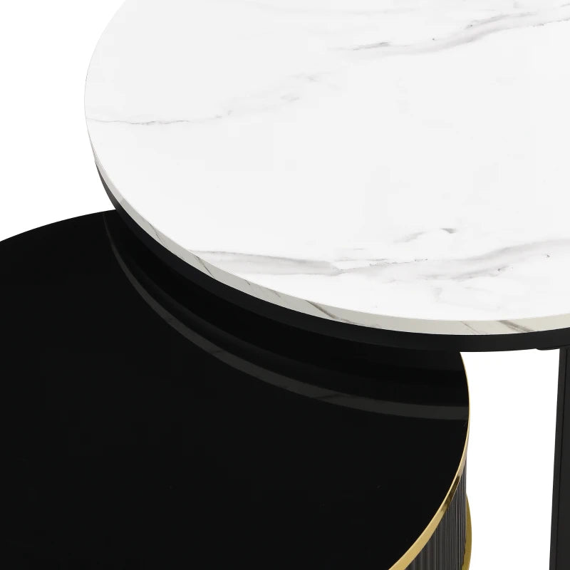 2-in-1 Round Marble Coffee Table Set with Glossy Tops, 2 Drawers, 70x70x46 + 50x50x40 cm, White+Black