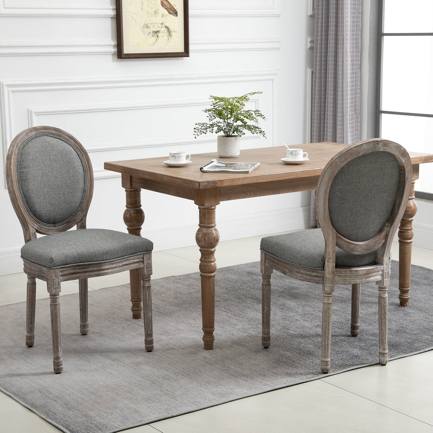 HOMCOM Dining Chairs Set of 2, French-Style Upholstered Kitchen Chairs with Padded Seats, Wood Frame and Round Back, Grey