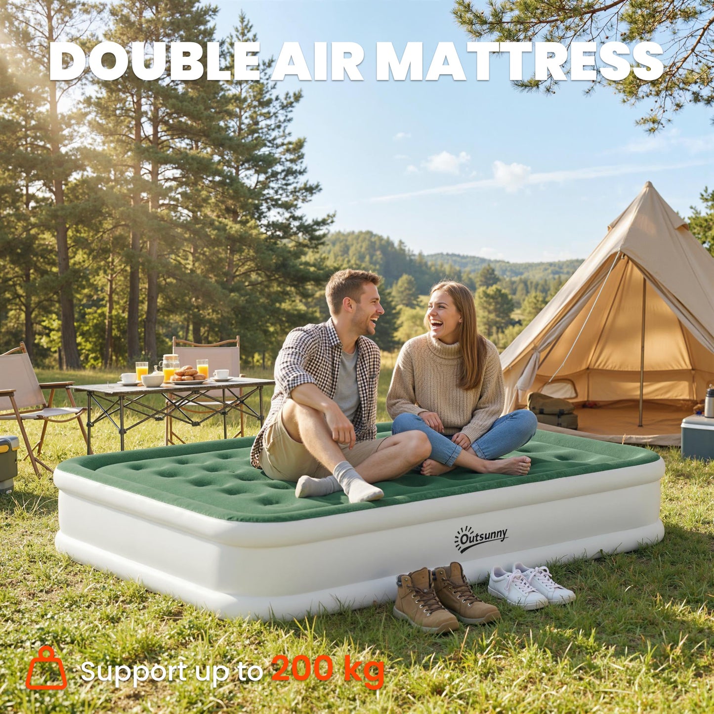Outsunny Inflatable Mattress, Double Air Bed with Built-in Electric Pump, 3 Mins Inflation, Flocked Surface, Dark Green