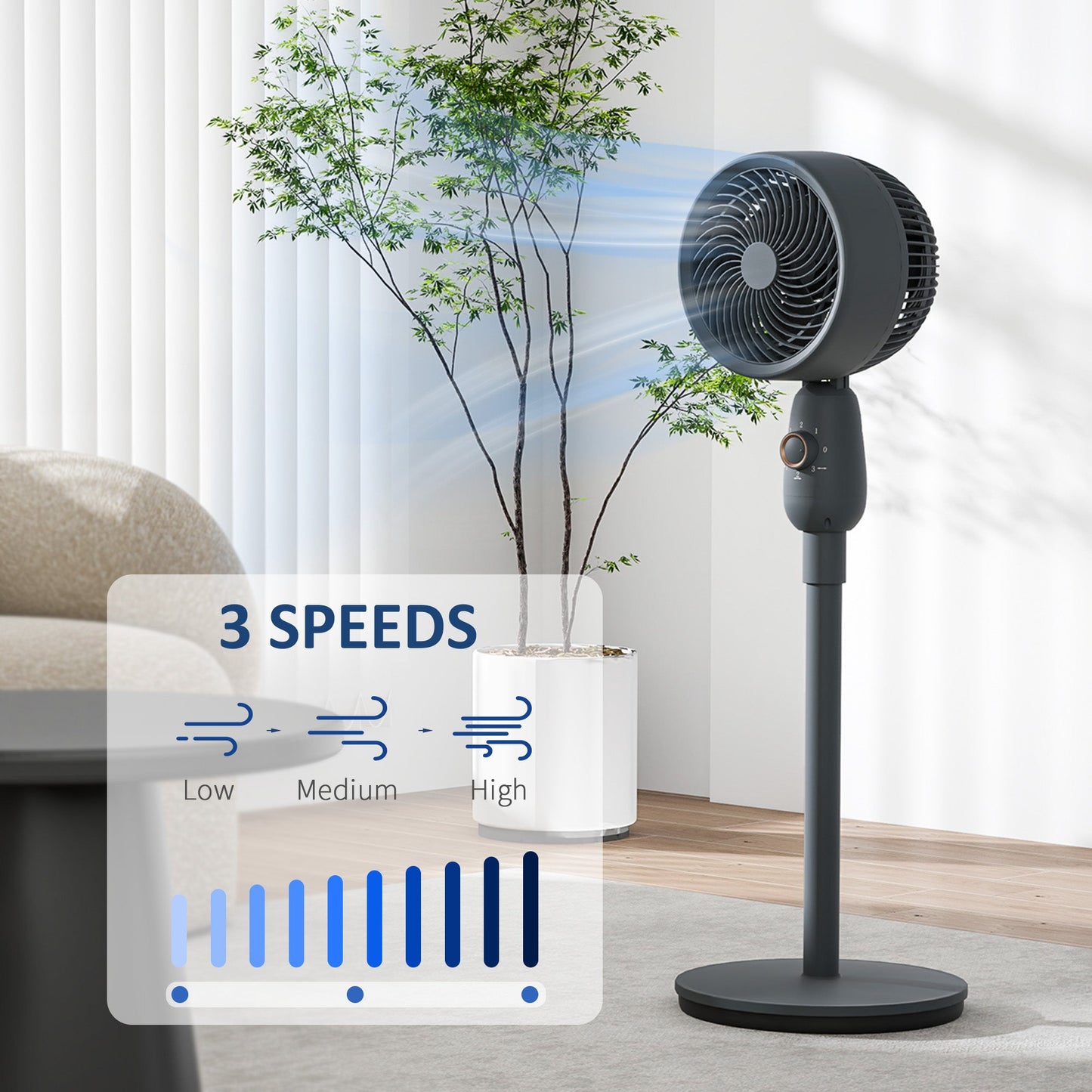 HOMCOM Pedestal Fan, Powerful Air Circulator, 12 Inch Floor Standing Fan with 3 Speed Settings, Oscillating Function for Bedroom, Home and Office, Grey
