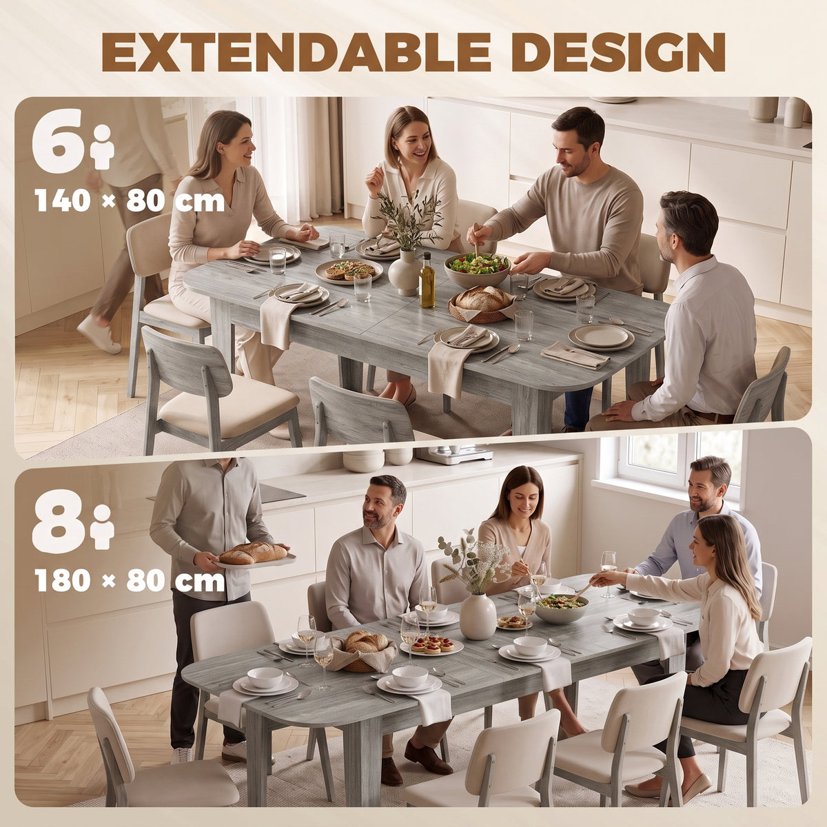 HOMCOM Extendable Oval Dining Table for 4-6, Modern Expandable Kitchen Table, Round Edges, Grey Wood Effect