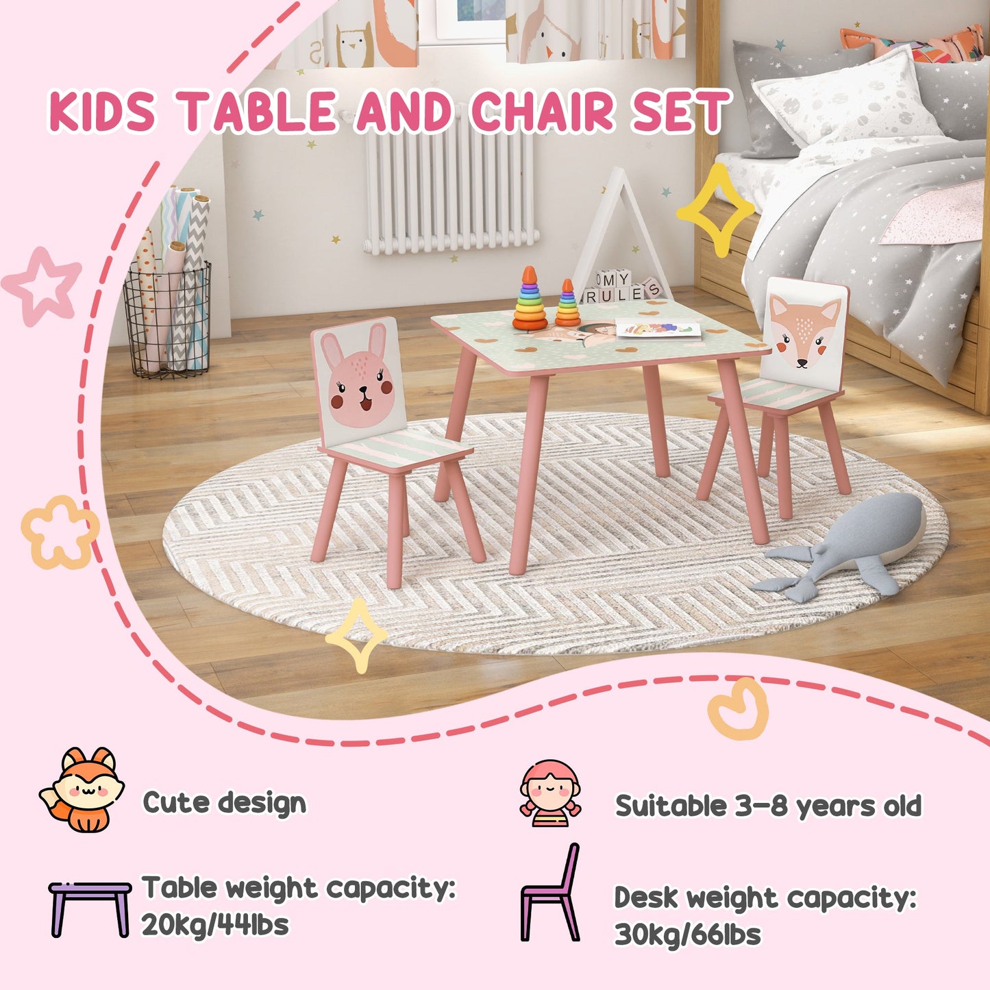 ZONEKIZ Kids and Table Chairs, Children’s Desk with Two Chairs, مجموعة أثاث للأطفال الصغار، للأعمار من 3 إلى 6 سنوات - وردي