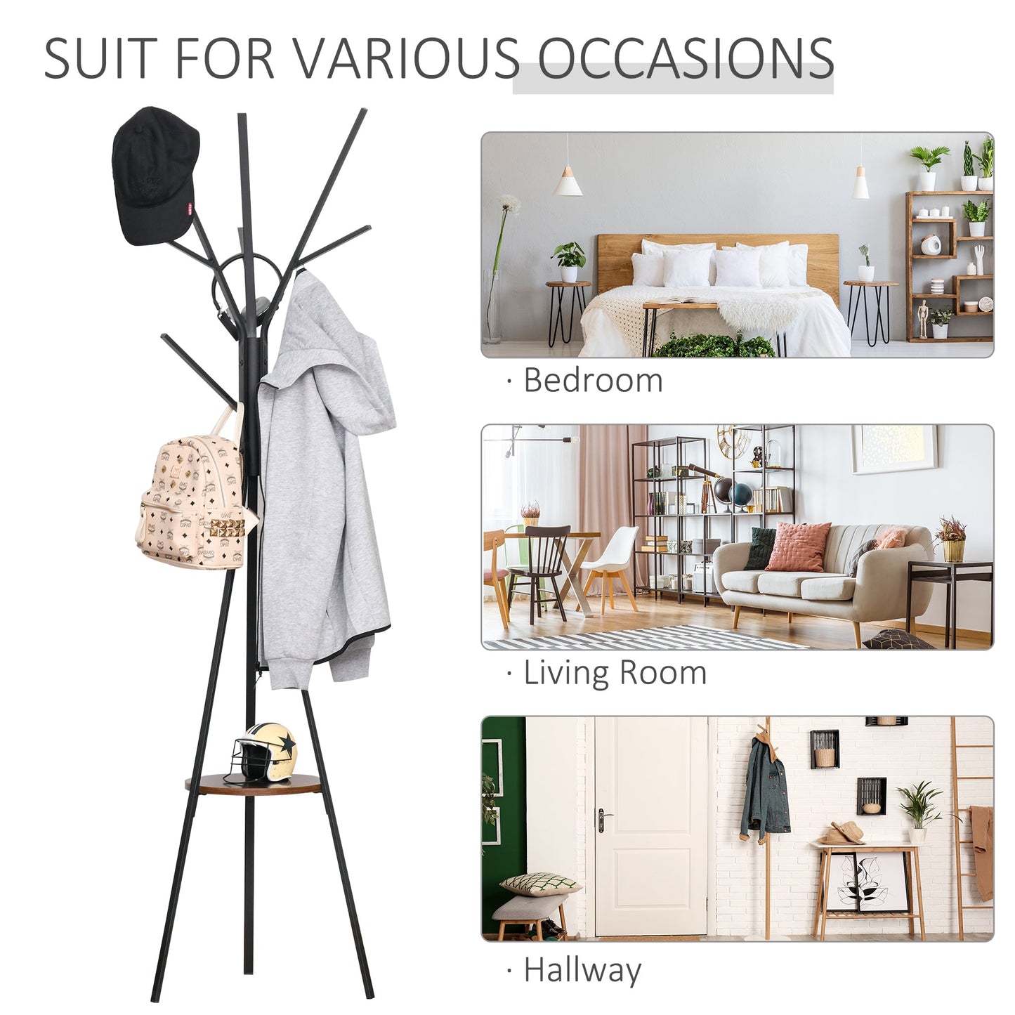 HOMCOM Freestanding Metal Coat Rack Stand 9 Hooks Clothes Tree with 1 Shelf Hat Display Hall Tree Hanger Bag Umbrella Hanging Organiser Brown