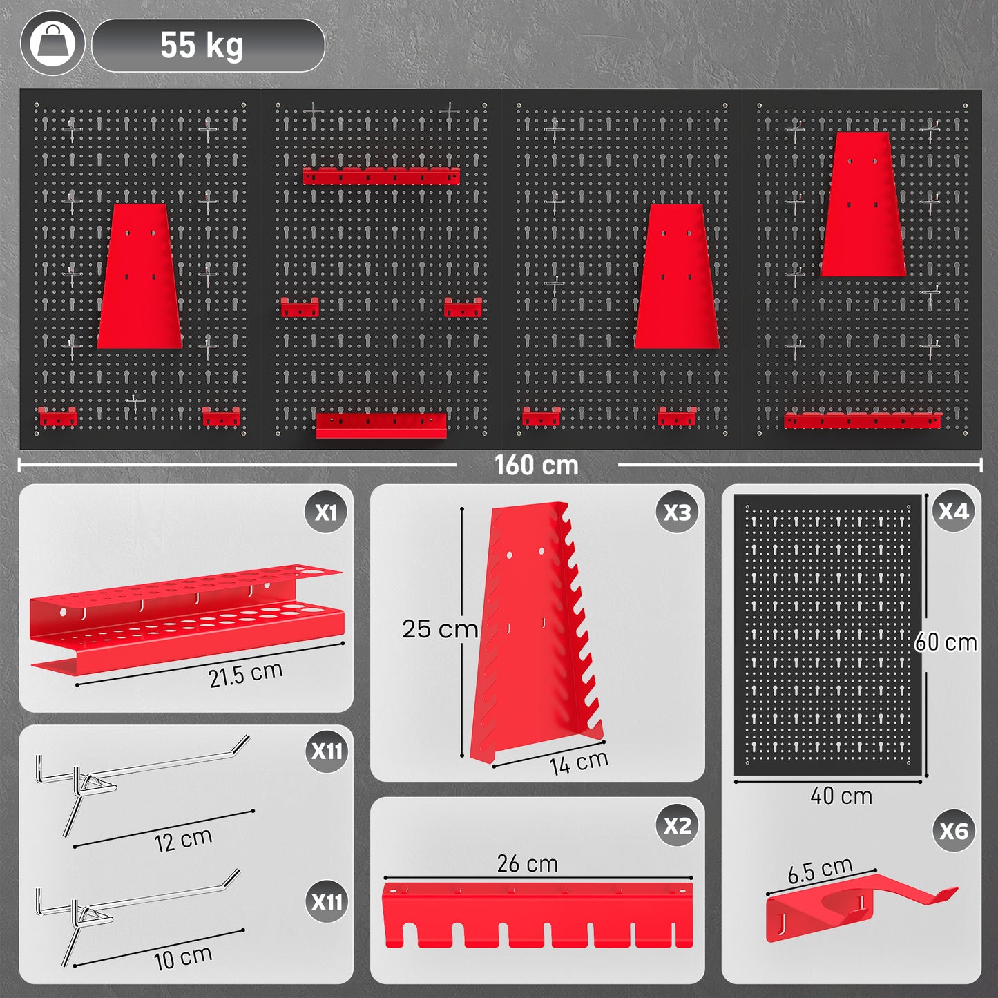 HOMCOM 38 Pcs Wall-Mounted Pegboard with 4 Boards, Garage Tool Storage Unit Black and Red