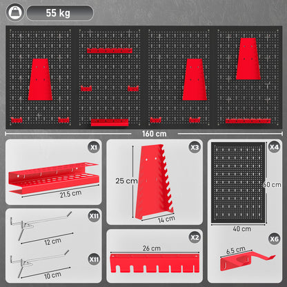 HOMCOM 38 Pcs Wall-Mounted Pegboard with 4 Boards, Garage Tool Storage Unit Black and Red