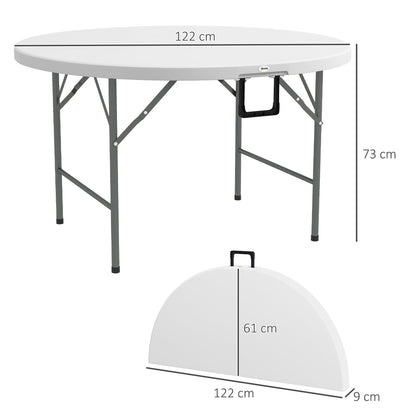 122cm Folding Garden Table, Outdoor HDPE Round Picnic Table for 6, Patio Table with Metal Frame, White