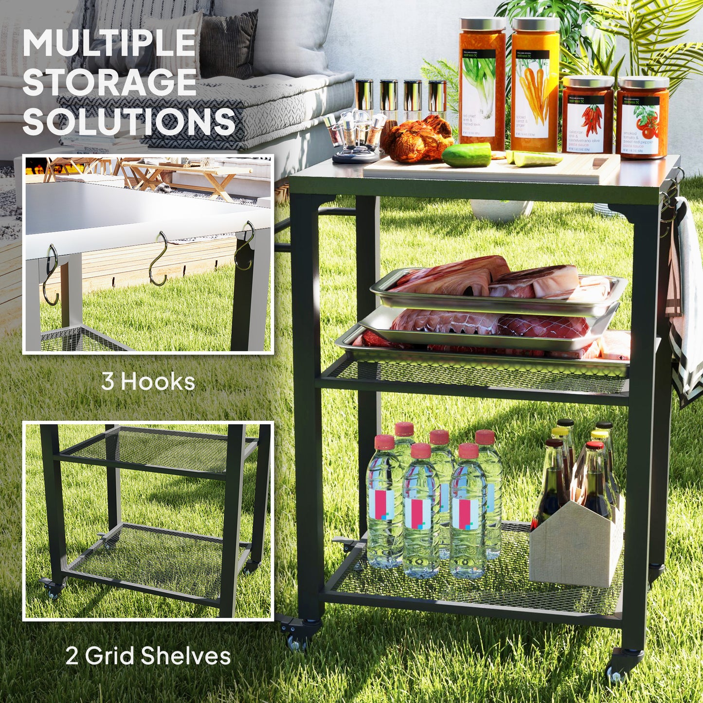 Outsunny Three-Shelf Outdoor Grill Cart with Stainless Steel Top, Outdoor Kitchen Island with 4 Wheels, 3 Hooks, Movable Food Prep Barbecue Pizza Oven Table for Kitchen, Garden, 65.5 x 41 x 79 cm