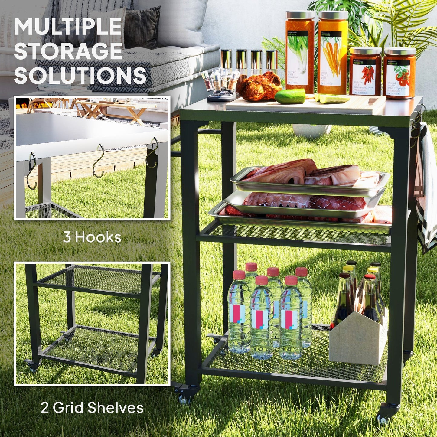 Outsunny Three-Shelf Outdoor Grill Cart with Stainless Steel Top, Outdoor Kitchen Island with 4 Wheels, 3 Hooks, Movable Food Prep Barbecue Pizza Oven Table for Kitchen, Garden, 65.5 x 41 x 79 cm