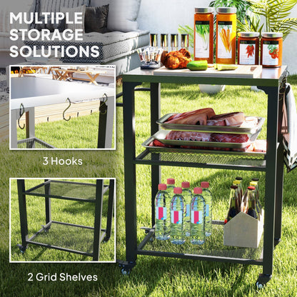 Outsunny Three-Shelf Outdoor Grill Cart with Stainless Steel Top, Outdoor Kitchen Island with 4 Wheels, 3 Hooks, Movable Food Prep Barbecue Pizza Oven Table for Kitchen, Garden, 65.5 x 41 x 79 cm