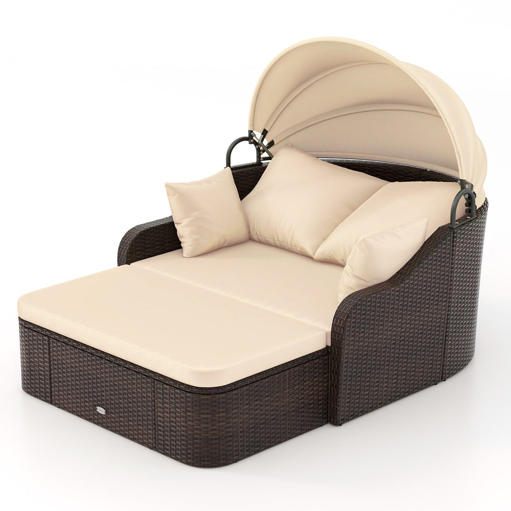 PE Rattan Daybed with Retractable Canopy and Soft Cushions for Backyard-Brown