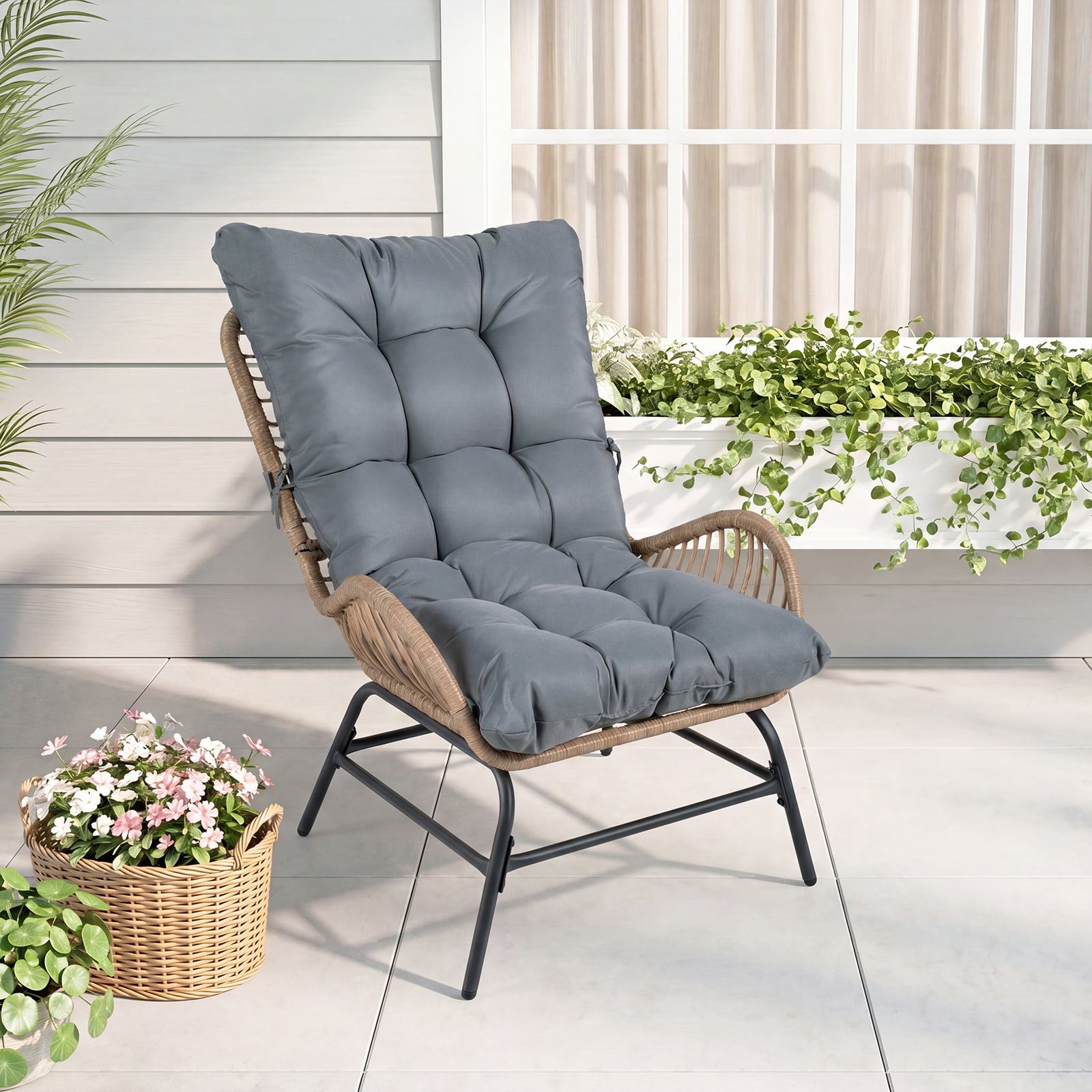 PE Rattan Leisure Chair with Cushion and Solid Metal Frame-Grey