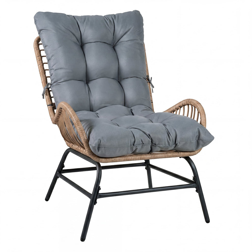 PE Rattan Leisure Chair with Cushion and Solid Metal Frame-Grey