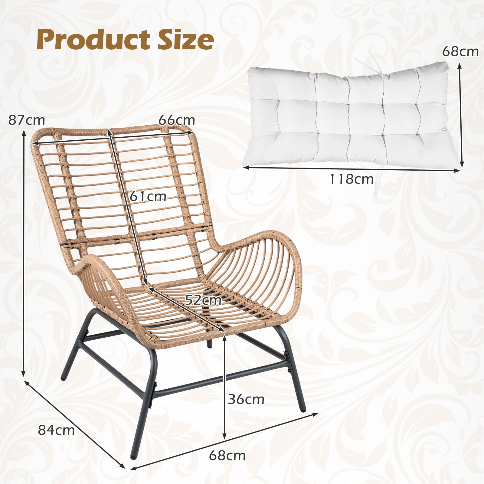 PE Rattan Leisure Chair with Cushion and Solid Metal Frame-White