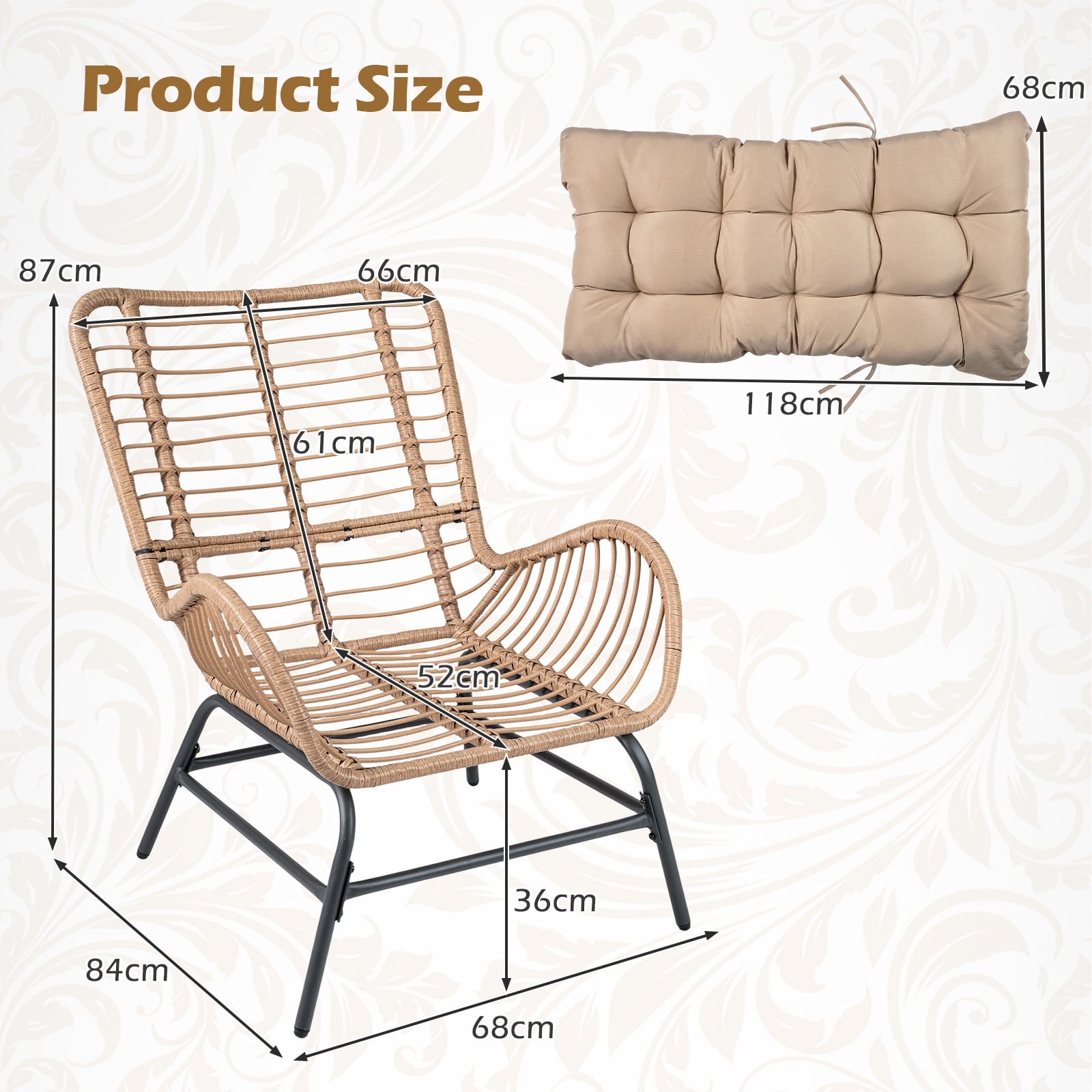 PE Rattan Leisure Chair with Cushion and Solid Metal Frame-Yellow