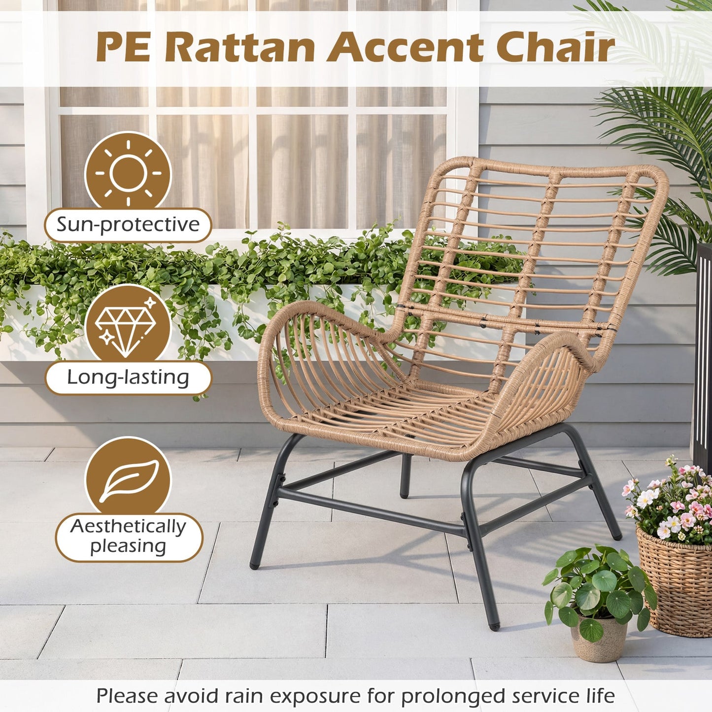 PE Rattan Leisure Chair with Cushion and Solid Metal Frame-Yellow