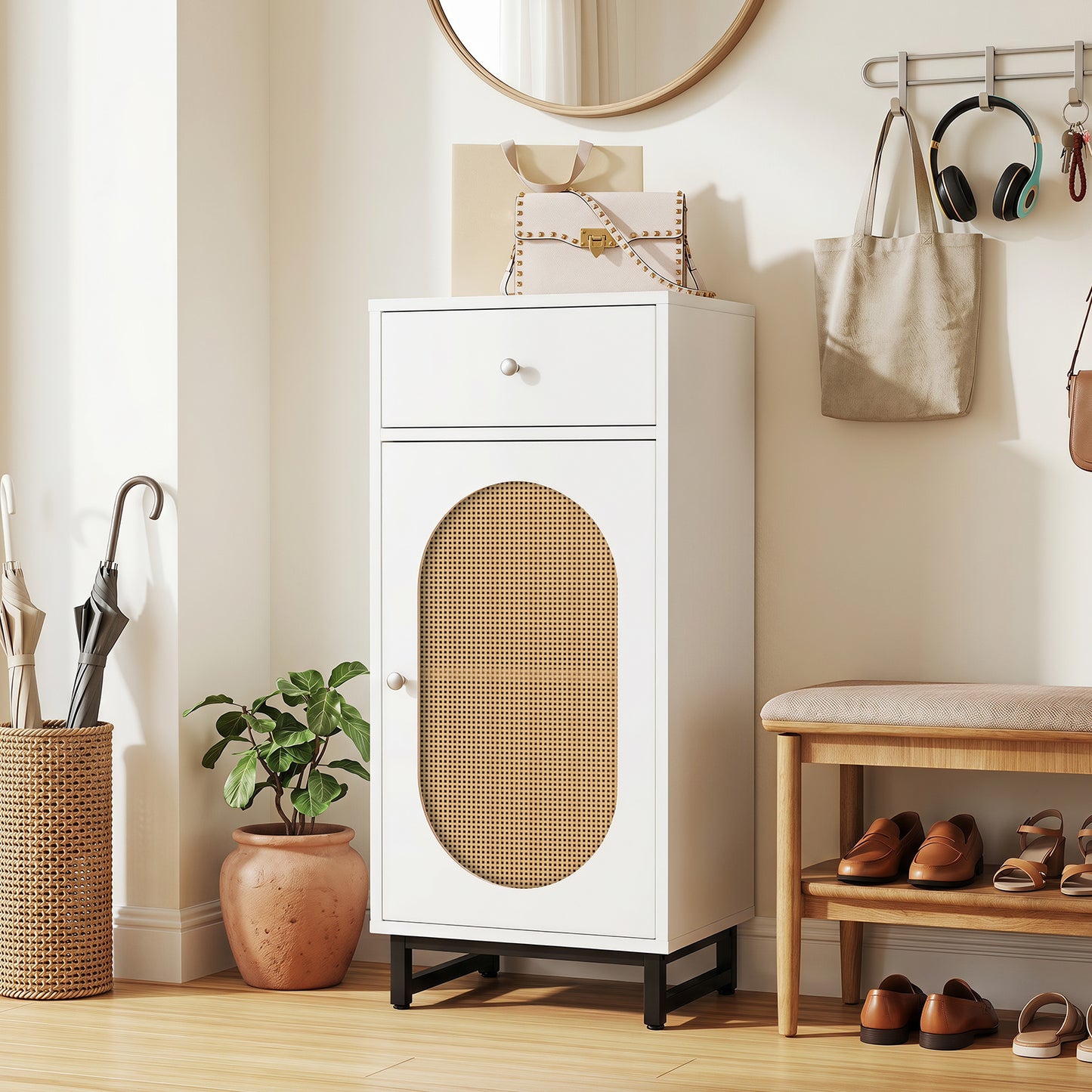 PE Rattan Storage Cabinet with Adjustable Foot Pads and Anti-toppling Kit-White