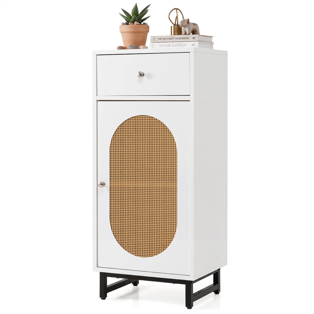 PE Rattan Storage Cabinet with Adjustable Foot Pads and Anti-toppling Kit-White