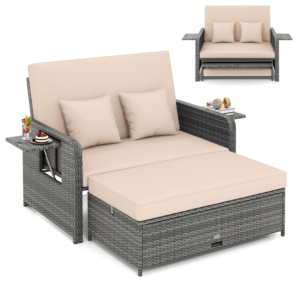 PE Wicker Outdoor Daybed with Loveseat and Ottoman for Poolside-Beige