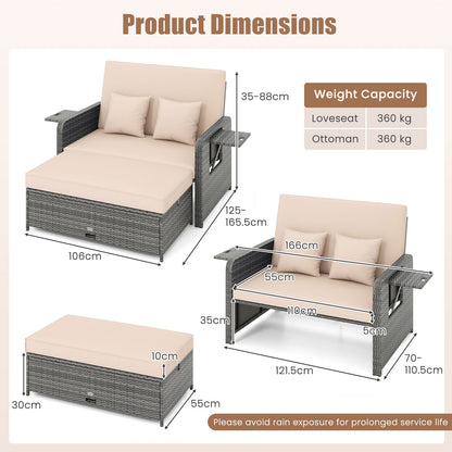 PE Wicker Outdoor Daybed with Loveseat and Ottoman for Poolside-Beige