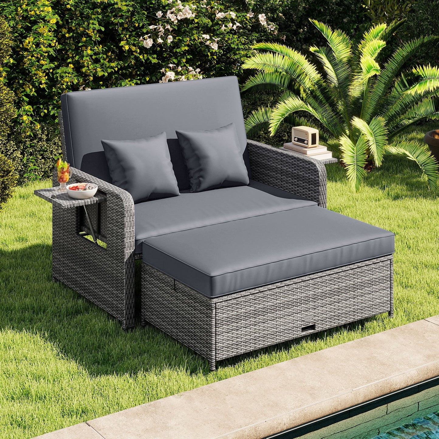 PE Wicker Outdoor Daybed with Loveseat and Ottoman for Poolside-Grey