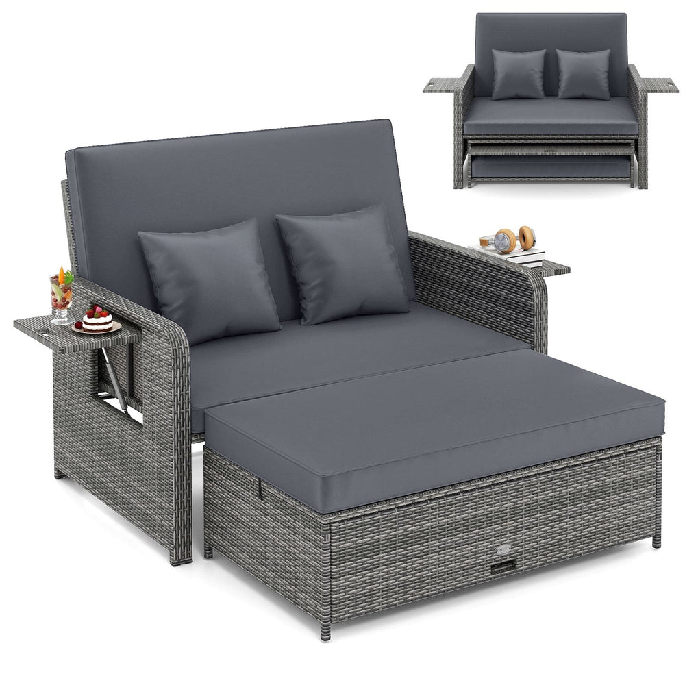 PE Wicker Outdoor Daybed with Loveseat and Ottoman for Poolside-Grey