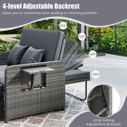 PE Wicker Outdoor Daybed with Loveseat and Ottoman for Poolside-Grey