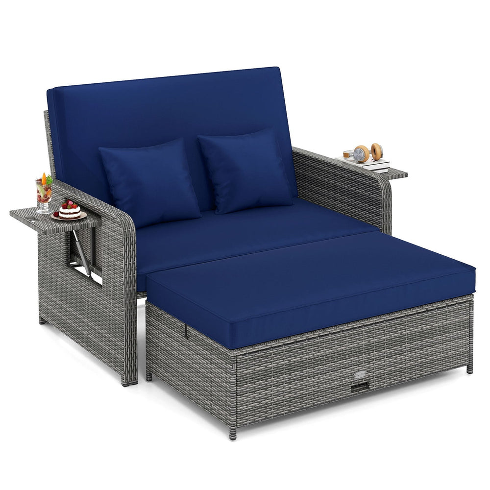 PE Wicker Outdoor Daybed with Loveseat and Ottoman for Poolside-Navy