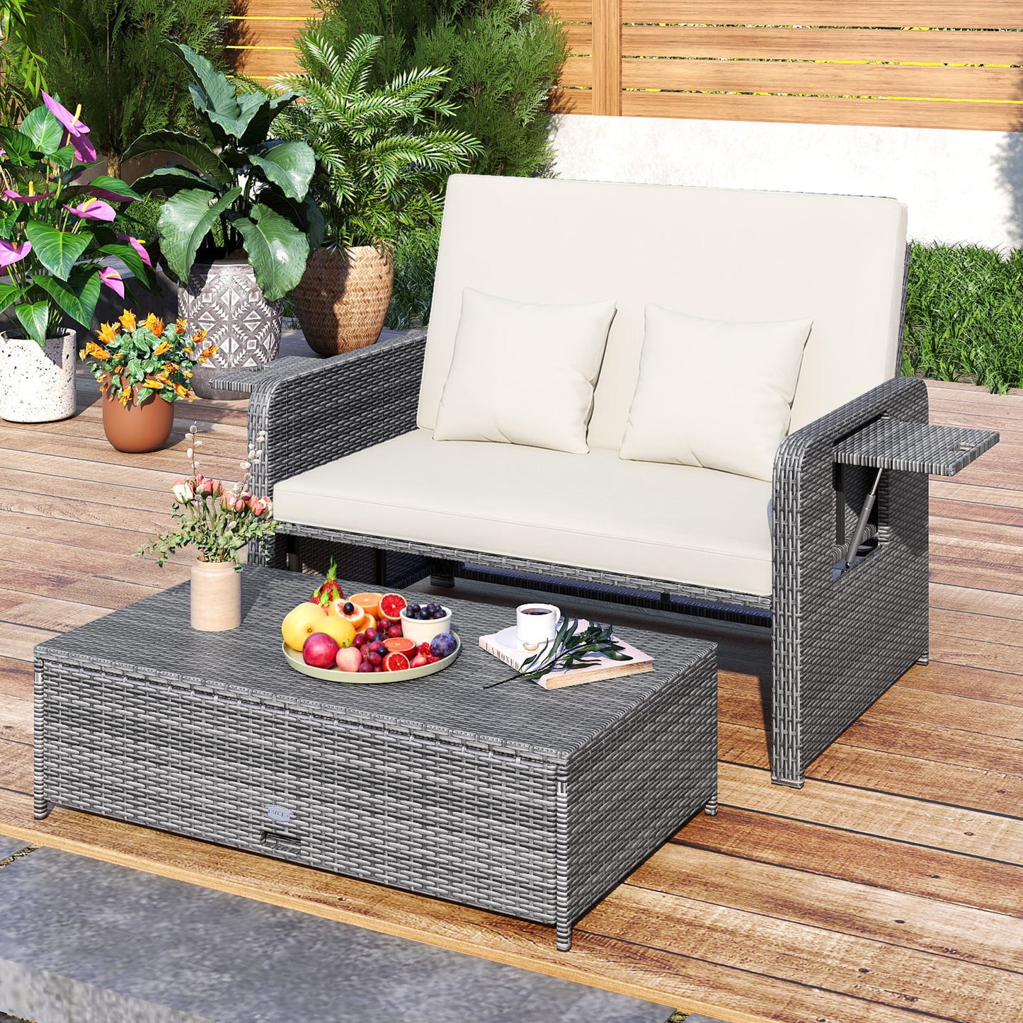 PE Wicker Outdoor Daybed with Loveseat and Ottoman for Poolside-White