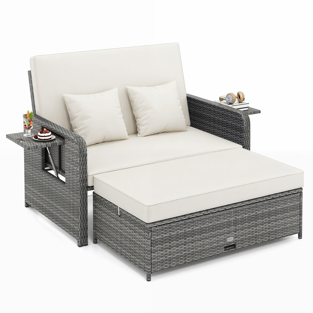 PE Wicker Outdoor Daybed with Loveseat and Ottoman for Poolside-White