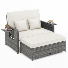 PE Wicker Outdoor Daybed with Loveseat and Ottoman for Poolside-White