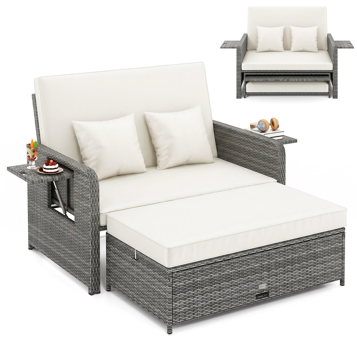 PE Wicker Outdoor Daybed with Loveseat and Ottoman for Poolside-White
