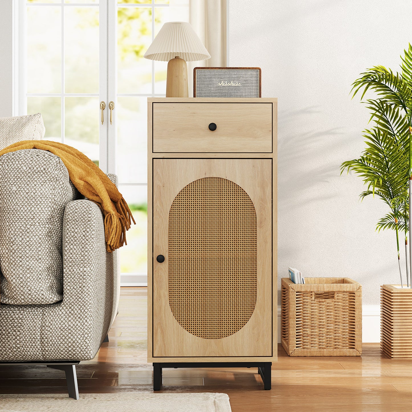 PE Rattan Storage Cabinet with Adjustable Foot Pads and Anti-toppling Kit-Natural