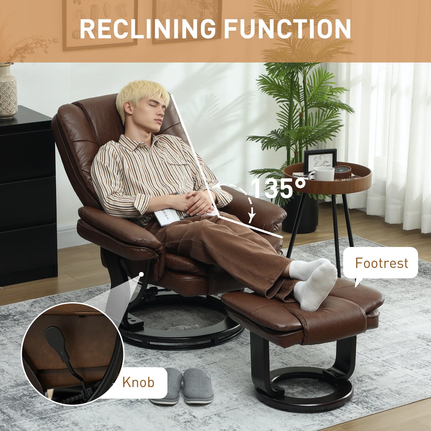 HOMCOM Faux Leather 135Â° Reclining Chair and Footstool - Brown