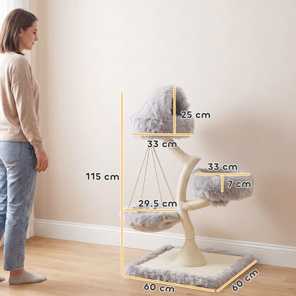 PawHut 115 cm Modern Cat Tree Tower for Large Cats with Sisal Scratching Post, Holds 1 Cat up to 6kg, Machine-Washable Beds